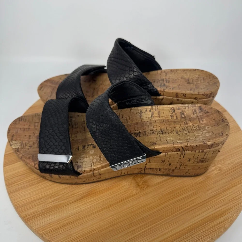 Vionic Pepper Black Snakeskin Leather Cork Wedge Slide Sandals TVW5251 Womens 10